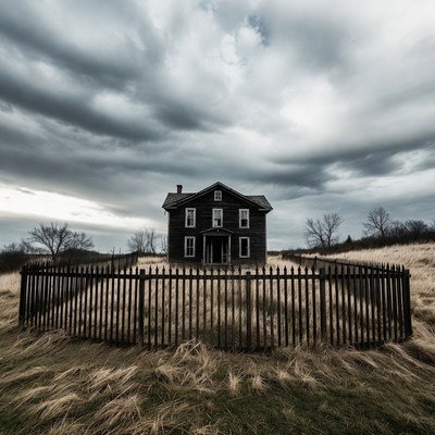 Abandoned Black House in Grassy Field