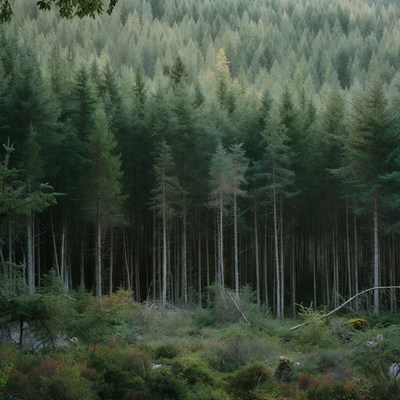 Dense Pine Forest with Golden Light