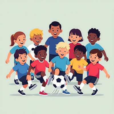 Diverse kids and coach playing soccer