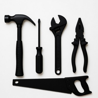 Black Hand Tools on White Background