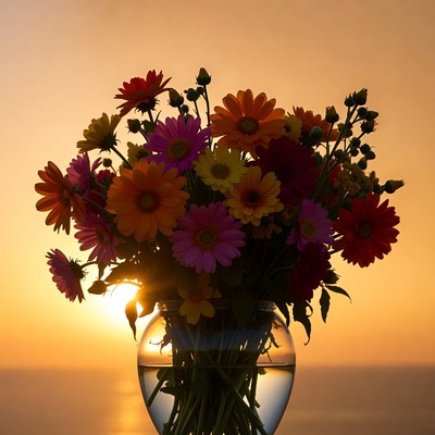 Colorful Daisies in Glass Vase at Sunset