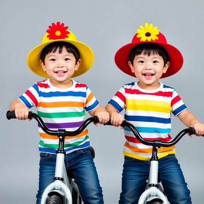 Twin Asian boys riding bicycles