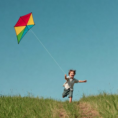 Boy flying colorful kite in grass