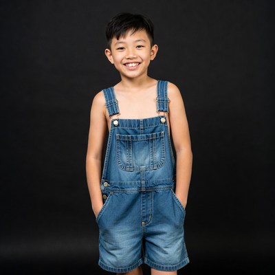 Asian boy smiling in denim overalls