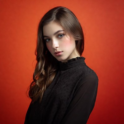Teen girl in black blouse on orange background