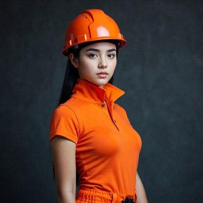 Asian woman wearing orange hard hat