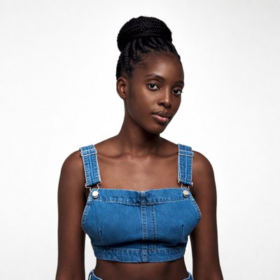 African-American woman in denim overalls