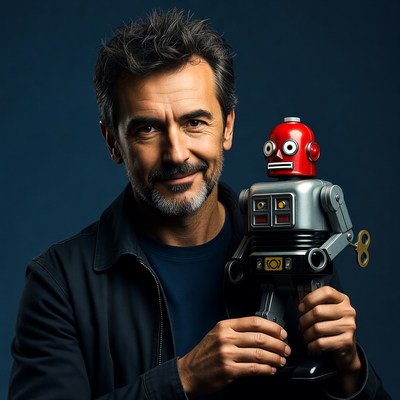 Man holding red wind-up robot