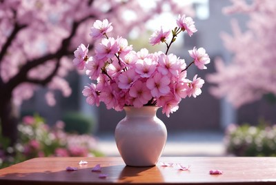 Pink Cherry Blossoms in White Vase