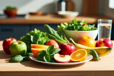 Fresh Fruits and Vegetables on Kitchen Table