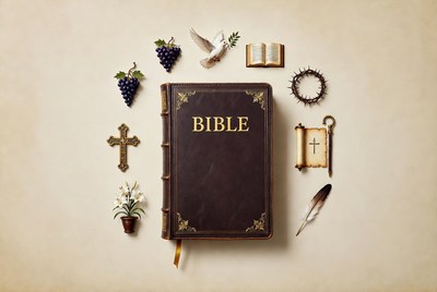 Open Bible with Christian Symbols