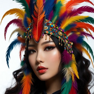 Asian woman wearing colorful feather headdress
