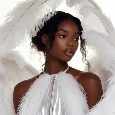 Black woman framed by white feathers