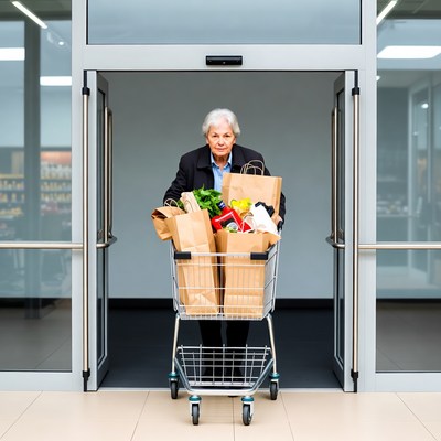 Elderly woman with shopping cart groceries