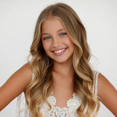 Smiling girl in white lace dress