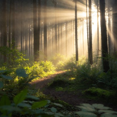 Sunlit Forest Path with Rays