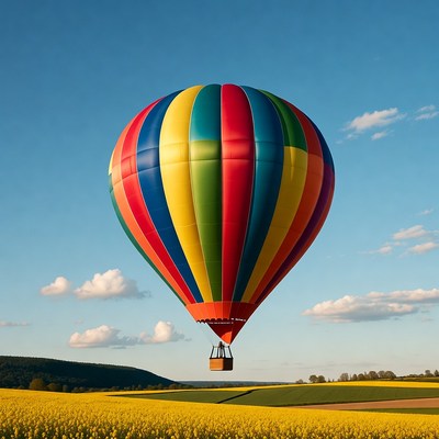 Colorful hot air balloon over yellow fields