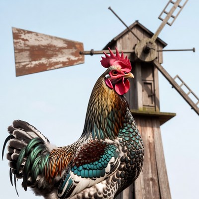 Rooster standing by windmill