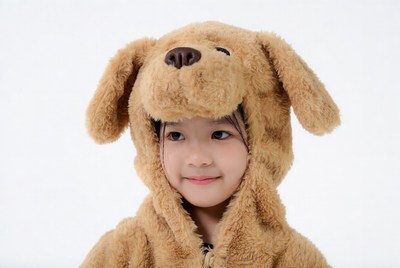 Asian girl in plush dog costume