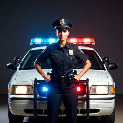 Female police officer standing by patrol car