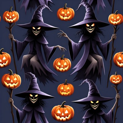 Witches with Pumpkins Halloween Illustration