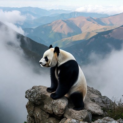 Panda sitting on mountain cliff