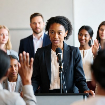 African-American woman speaking at podium