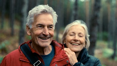 Elderly couple smiling in forest