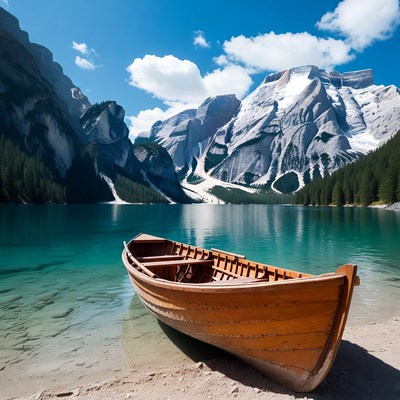 Wooden boat on Tre Cime lake shore