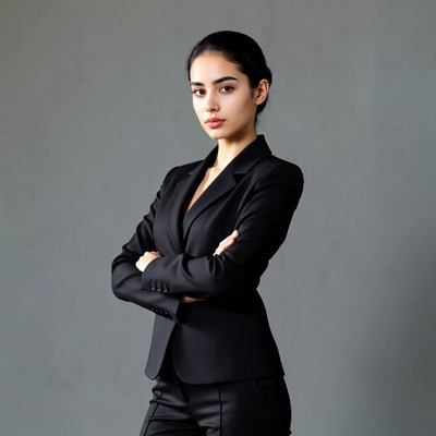 Woman in black suit with arms crossed