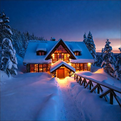 Snowy Wooden Chalet in Forest at Night