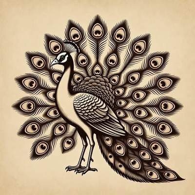 Peacock with spread tail feathers