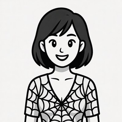 Smiling Asian woman in spiderweb dress illustration