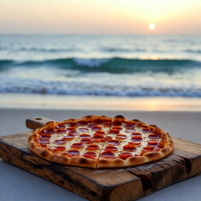 Pepperoni Pizza on Beach at Sunset