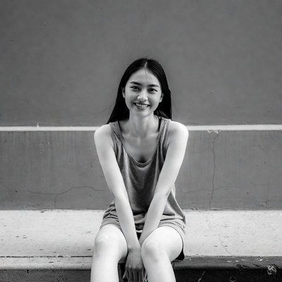 Asian woman smiling on steps