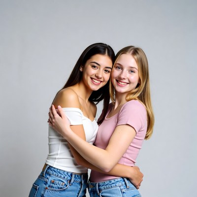 Two young women hugging smiling