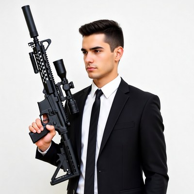 Man in suit holding rifle
