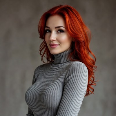 Redhead woman in gray turtleneck