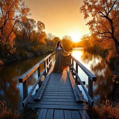 Woman in green gown on autumn bridge