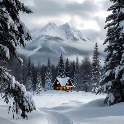Snowy Cabin in Mountain Forest