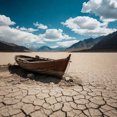 Old Wooden Boat on Dry Lakebed