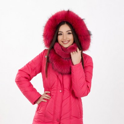 Woman in pink fur hood jacket