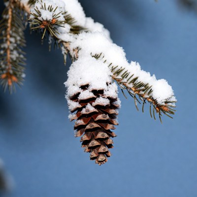 Snowy pine cone on branch