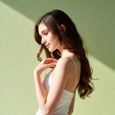 Woman in white dress against green wall