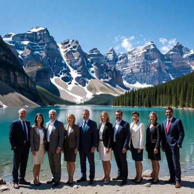 Business professionals by Lake Moraine mountains