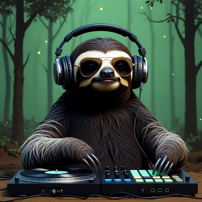 Sloth DJ with headphones in jungle