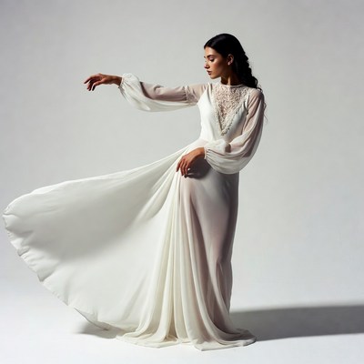 Woman in flowing white gown dancing