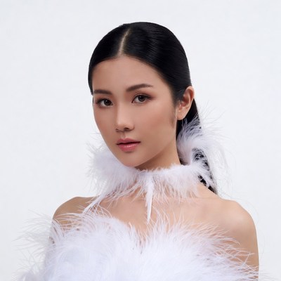 Asian woman in white feather dress