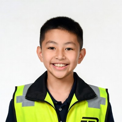 Asian boy in yellow safety vest