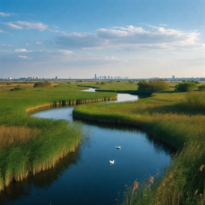 Swans in winding river with city skyline